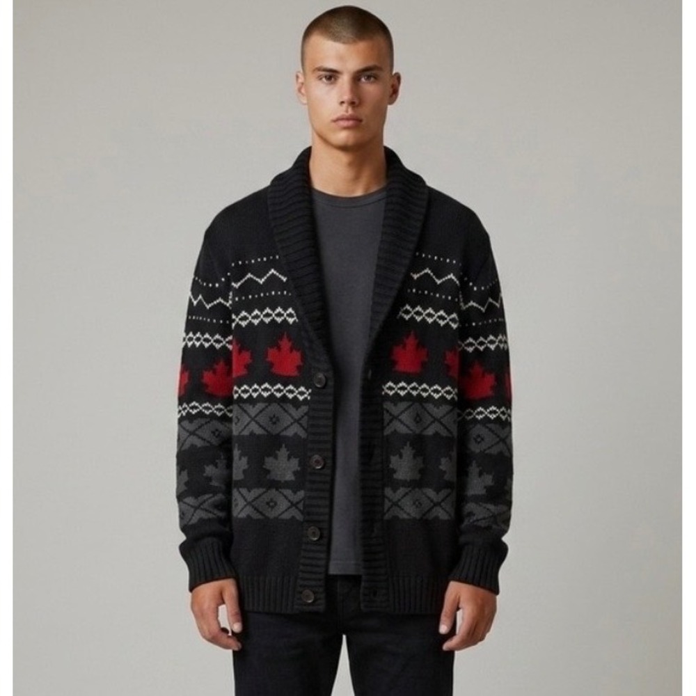Ideal North Mens XL Shawl Collar Maple Leaf Knit Cardigan Sweater Black Red Core